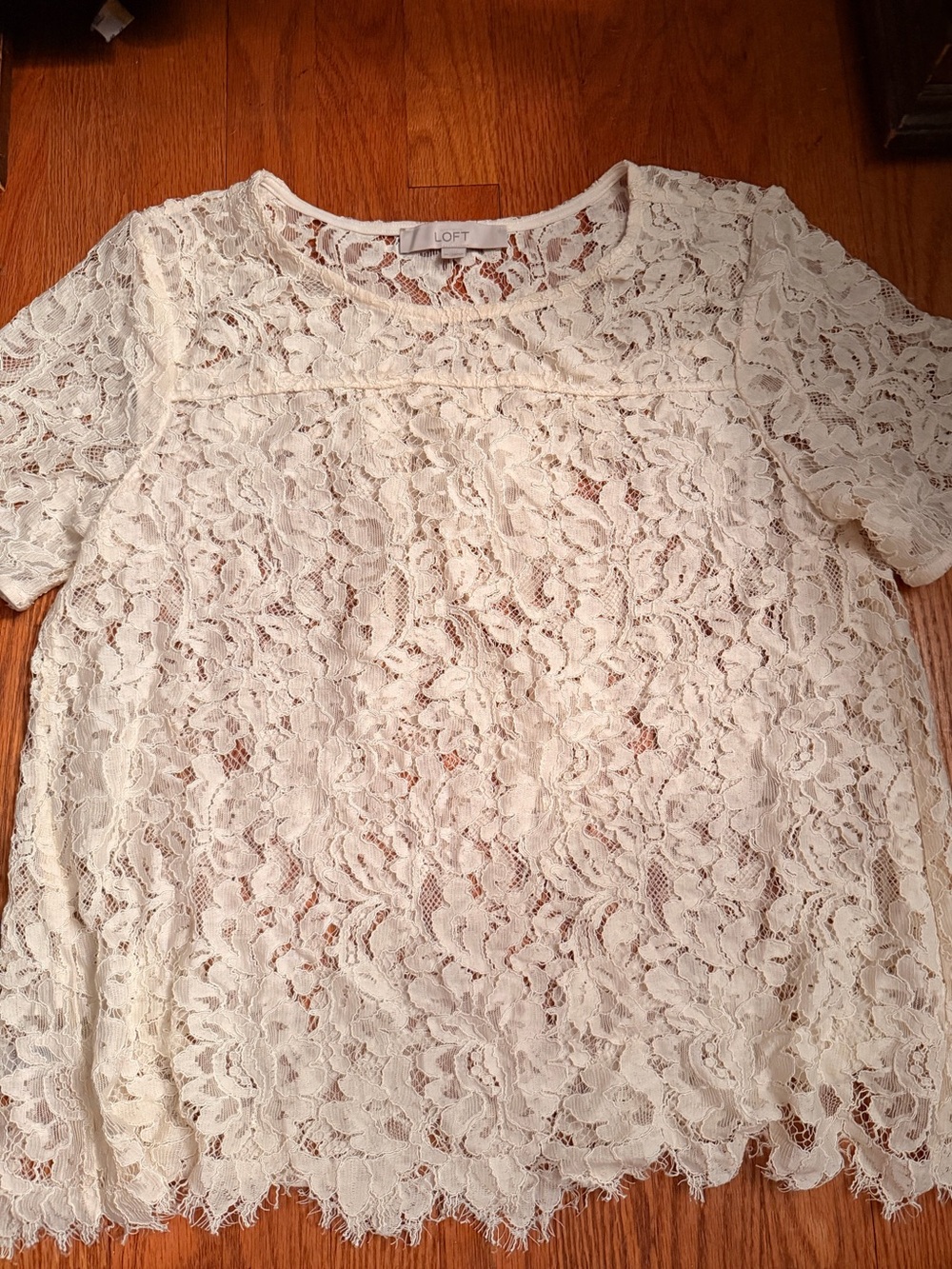 LOFT Cream Lace Short-Sleeve Overlay Blouse